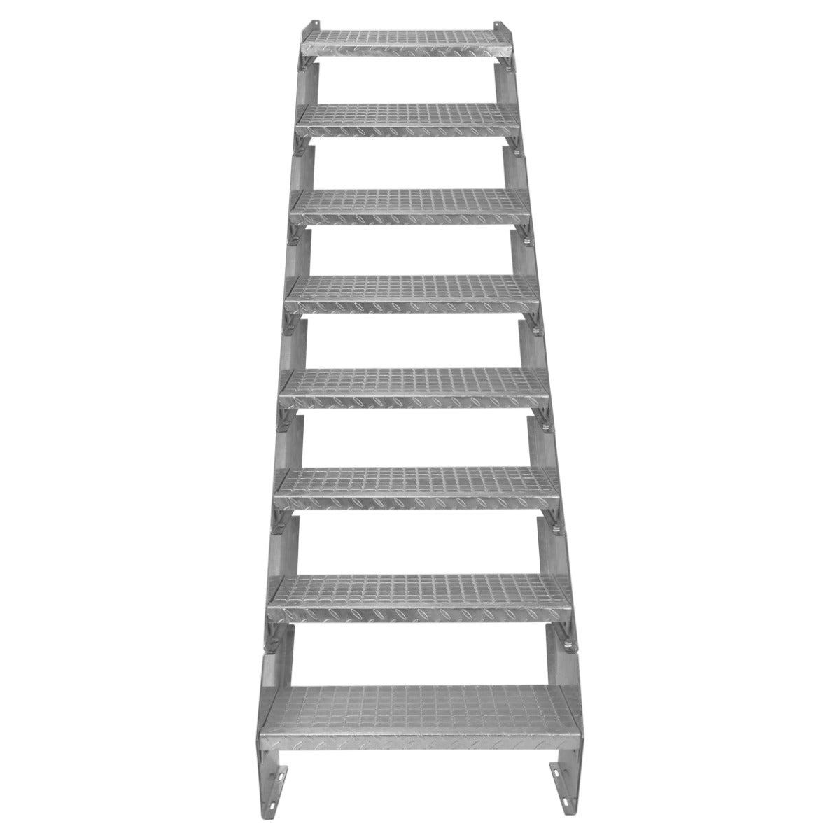 Escalier caillebotis en métal argenté à 8 marches, surface antidérapante, dimensions 240 x 600 mm, design robuste et durable