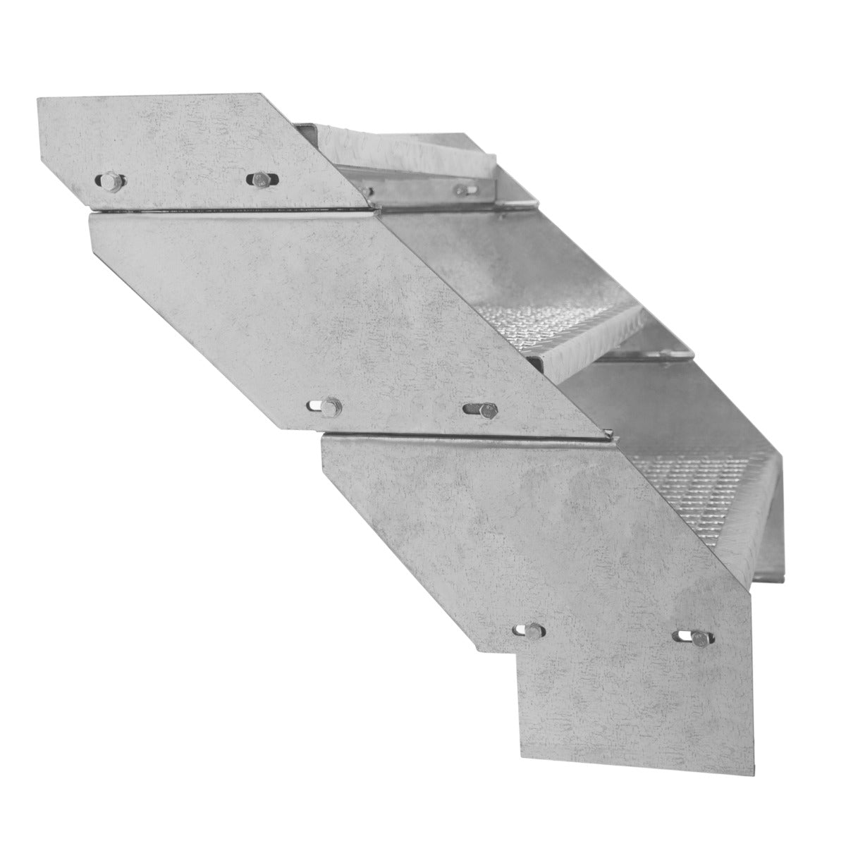 Escalier caillebotis en métal argenté, composé de 8 marches, avec une surface antidérapante et des bords arrondis pour la sécurité