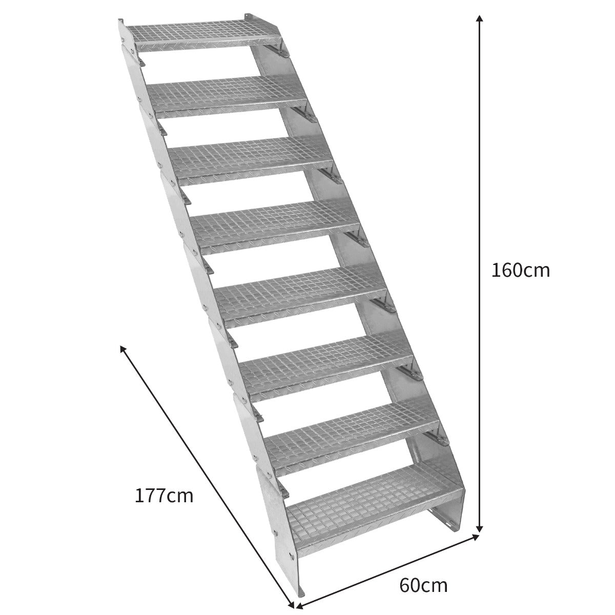 Escalier caillebotis en métal, 8 marches, dimensions 240 x 600 mm, surface antidérapante, finition argentée, robuste et durable