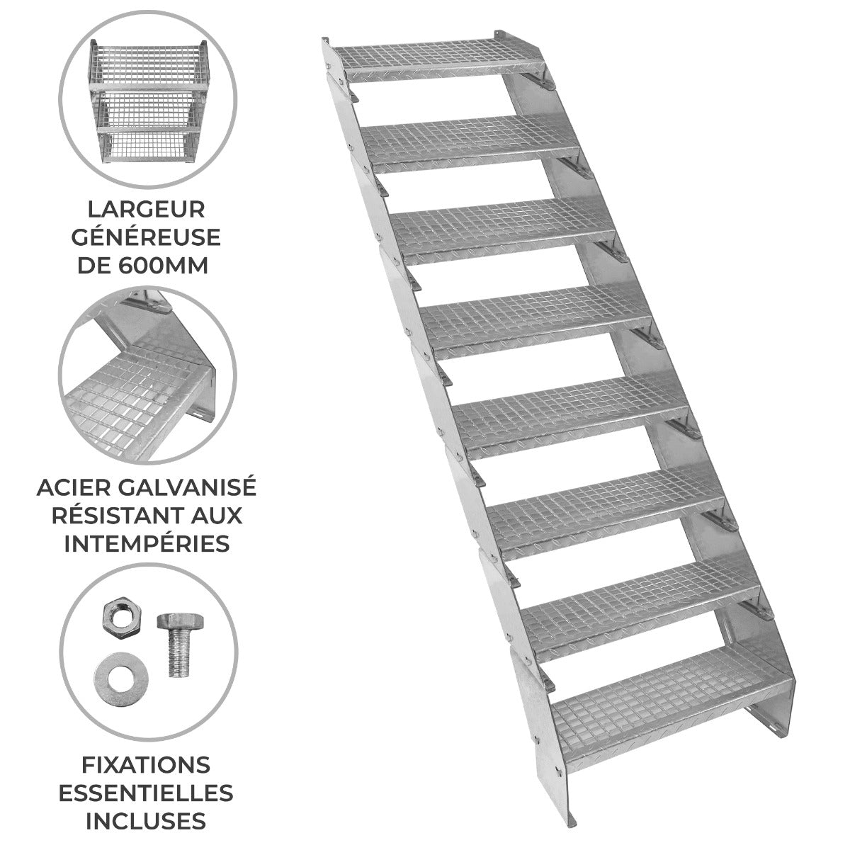 Escalier caillebotis en acier galvanisé, 8 marches, largeur de 600 mm, surface antidérapante et fixations incluses