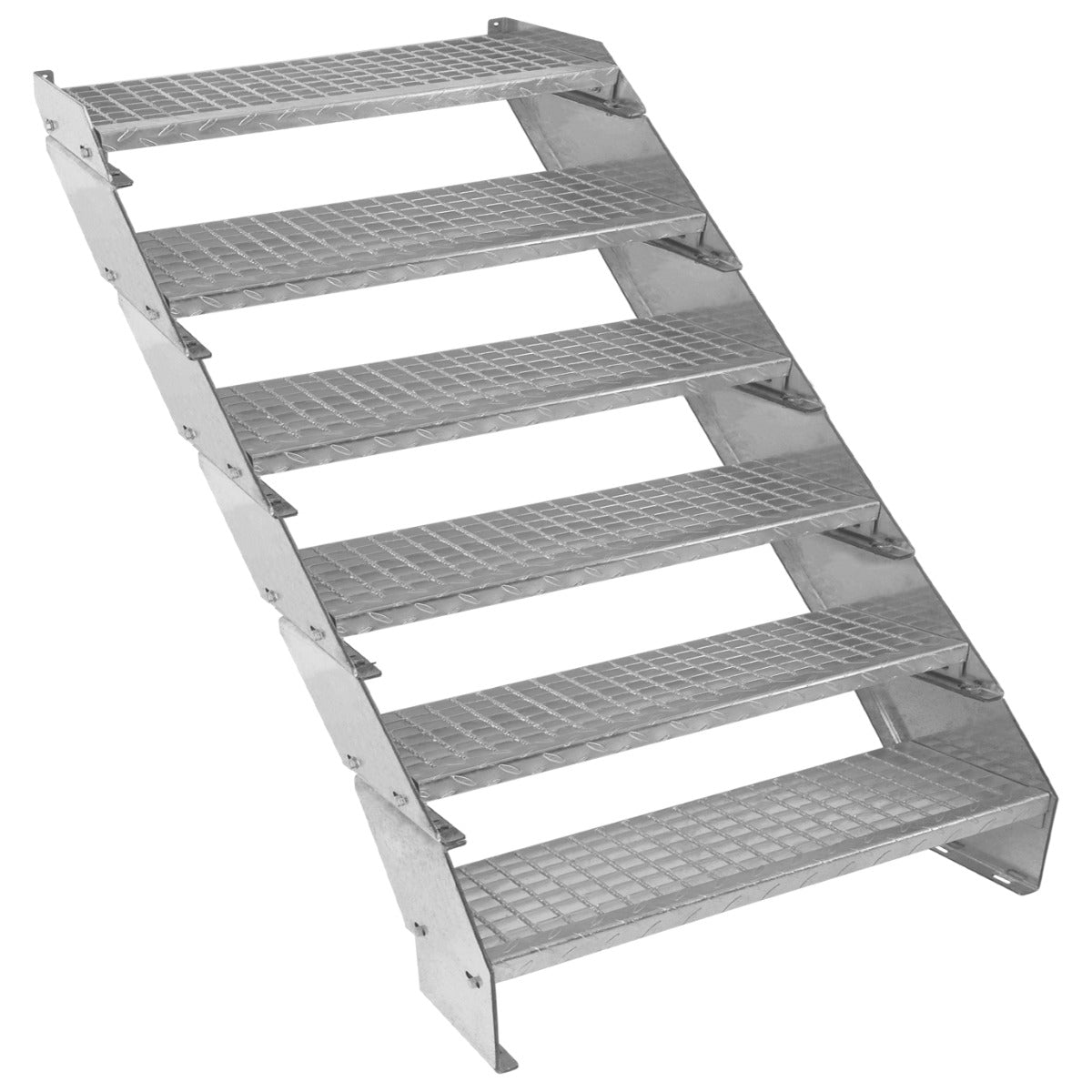 Escalier caillebotis en métal galvanisé à 6 marches, structure robuste, surface antidérapante, dimensions 240 x 900 mm