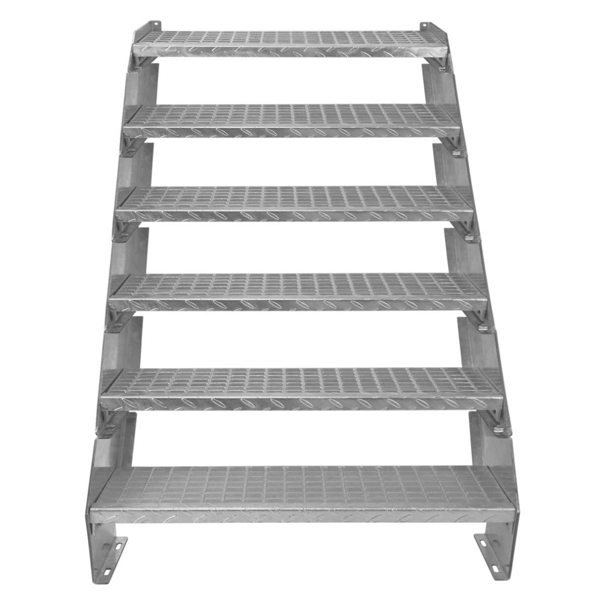 Escalier caillebotis en métal argenté à 6 marches, surface antidérapante, design robuste, dimensions 240 x 900 mm