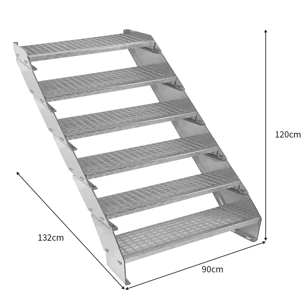 Escalier caillebotis en métal, 6 marches, finition grise, dimensions 240 x 900 mm, conçu pour une utilisation robuste et sécurisée