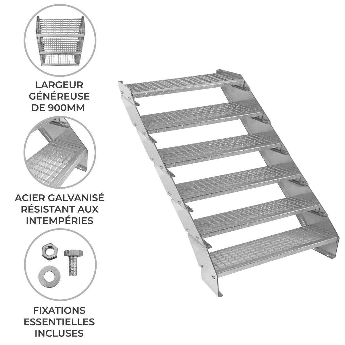 Escalier caillebotis à 6 marches en acier galvanisé, large de 900 mm, avec surface antidérapante et fixations incluses
