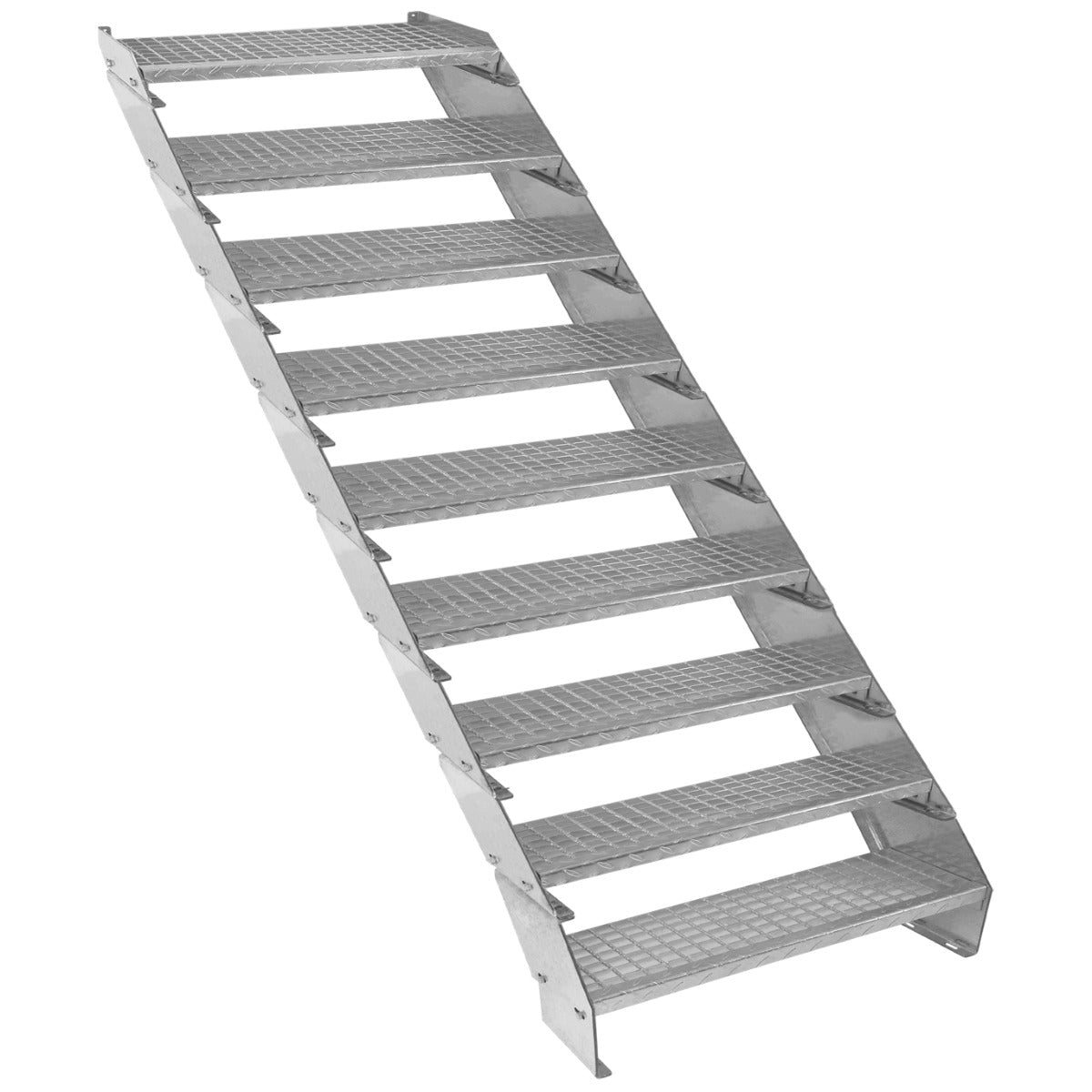 Escalier caillebotis en métal galvanisé à 9 marches, avec surface antidérapante et design robuste, idéal pour un usage extérieur