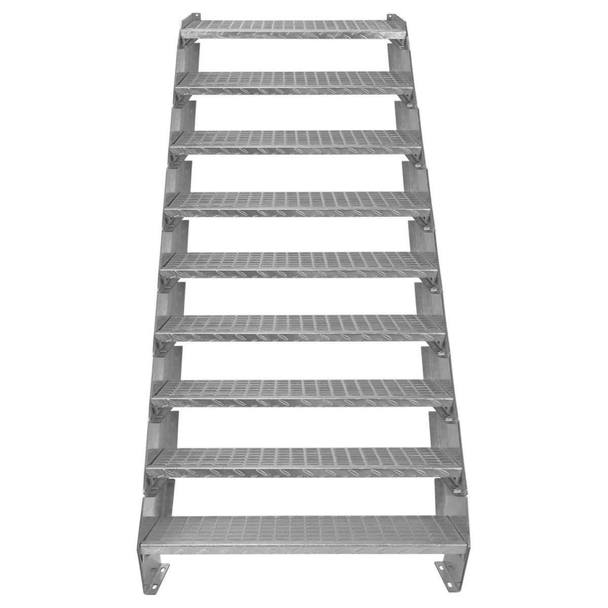 Escalier caillebotis à 9 marches en métal gris, avec une surface antidérapante et des marches robustes, idéal pour un usage extérieur
