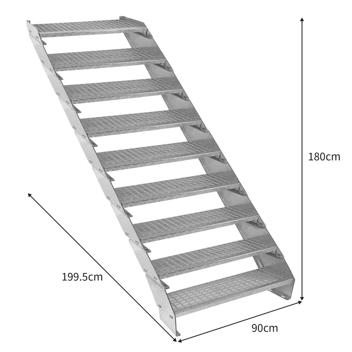 Escalier caillebotis en métal, 9 marches, finition argentée, dimensions 240 x 900 mm, surface antidérapante et robuste
