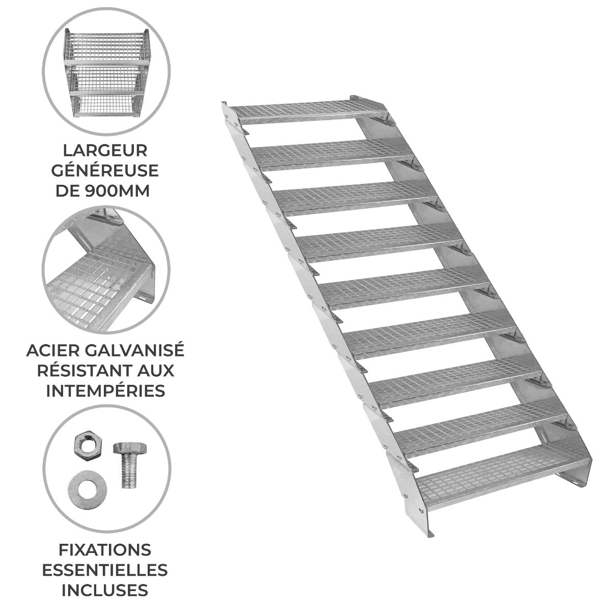 Escalier caillebotis à 9 marches en acier galvanisé, largeur de 900 mm, surface antidérapante et fixations incluses