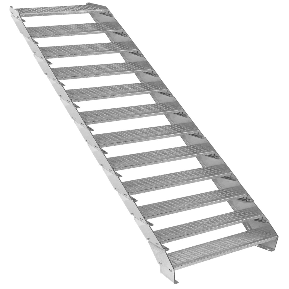 Escalier caillebotis en métal argenté, 12 marches, surface antidérapante, conçu pour une utilisation extérieure et industrielle