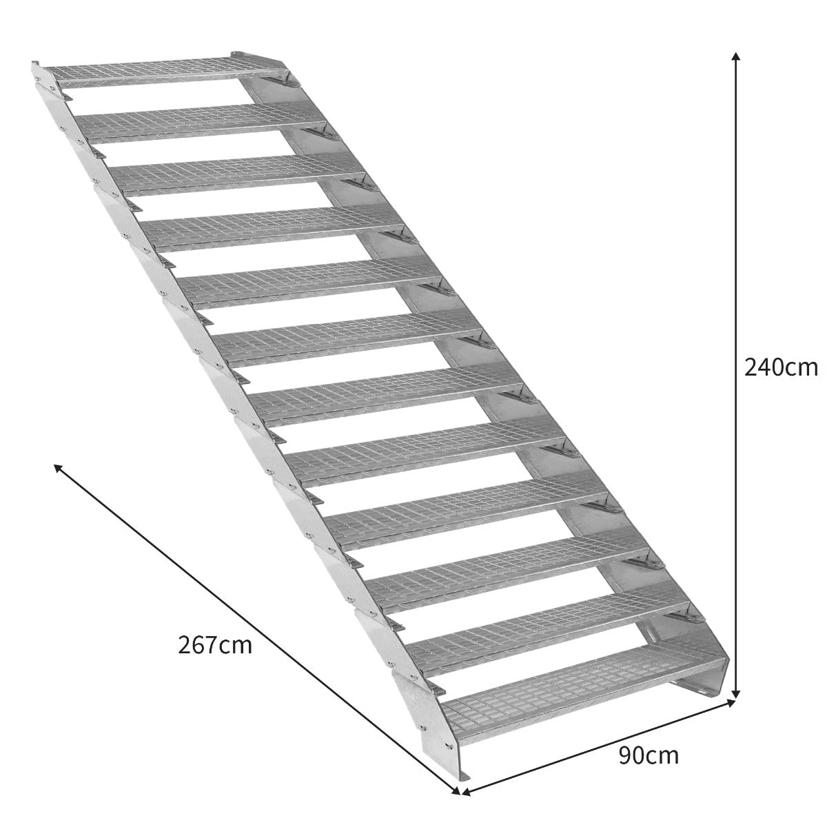 Escalier caillebotis en métal argenté à 12 marches, dimensions 240 x 90 cm, surface antidérapante et design robuste