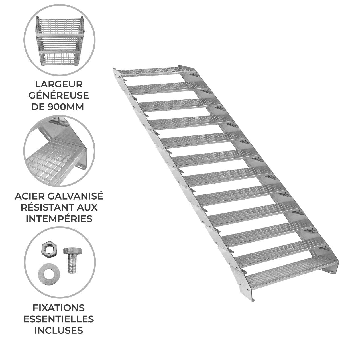 Escalier caillebotis en acier galvanisé, 12 marches, largeur de 900 mm, surface antidérapante, conçu pour une utilisation extérieure robuste