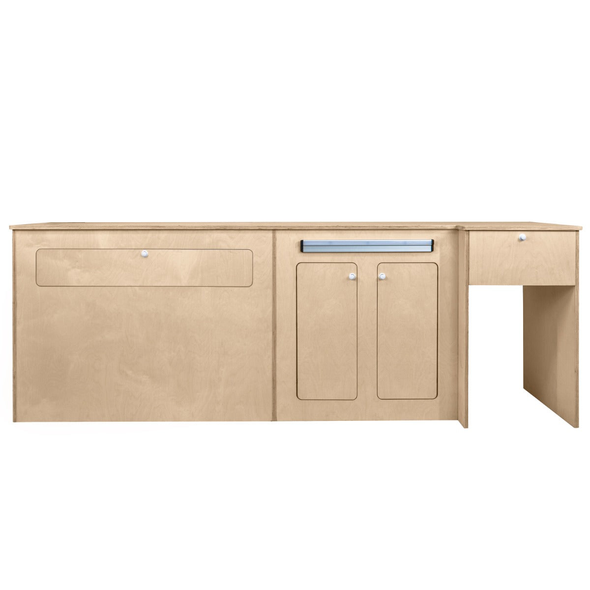 Meuble de cuisine en contreplaqué clair, avec tiroirs et portes, conçu pour un camping-car, offrant un espace de rangement pratique