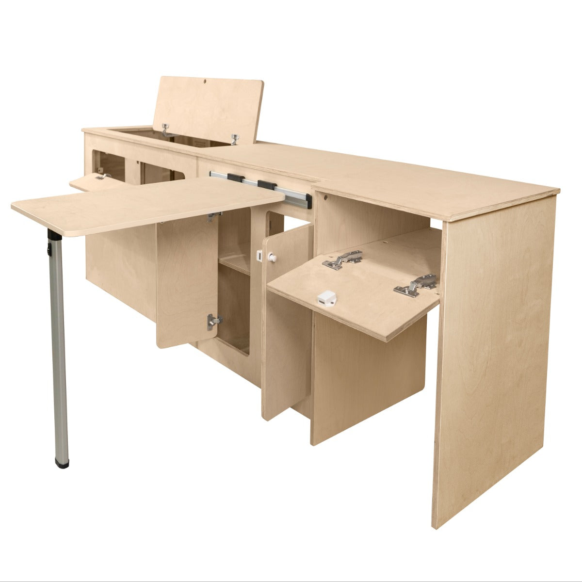 Meuble de cuisine en contreplaqué clair pour camping-car, avec tiroirs et plan de travail extensible, design fonctionnel et moderne