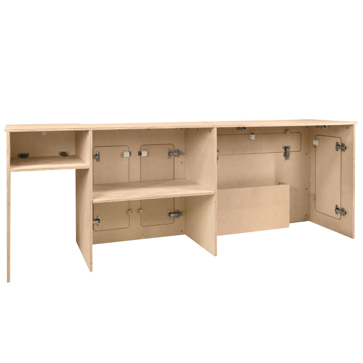 Meuble de cuisine en contreplaqué clair, avec plusieurs compartiments et portes, idéal pour camping-car, design fonctionnel et compact