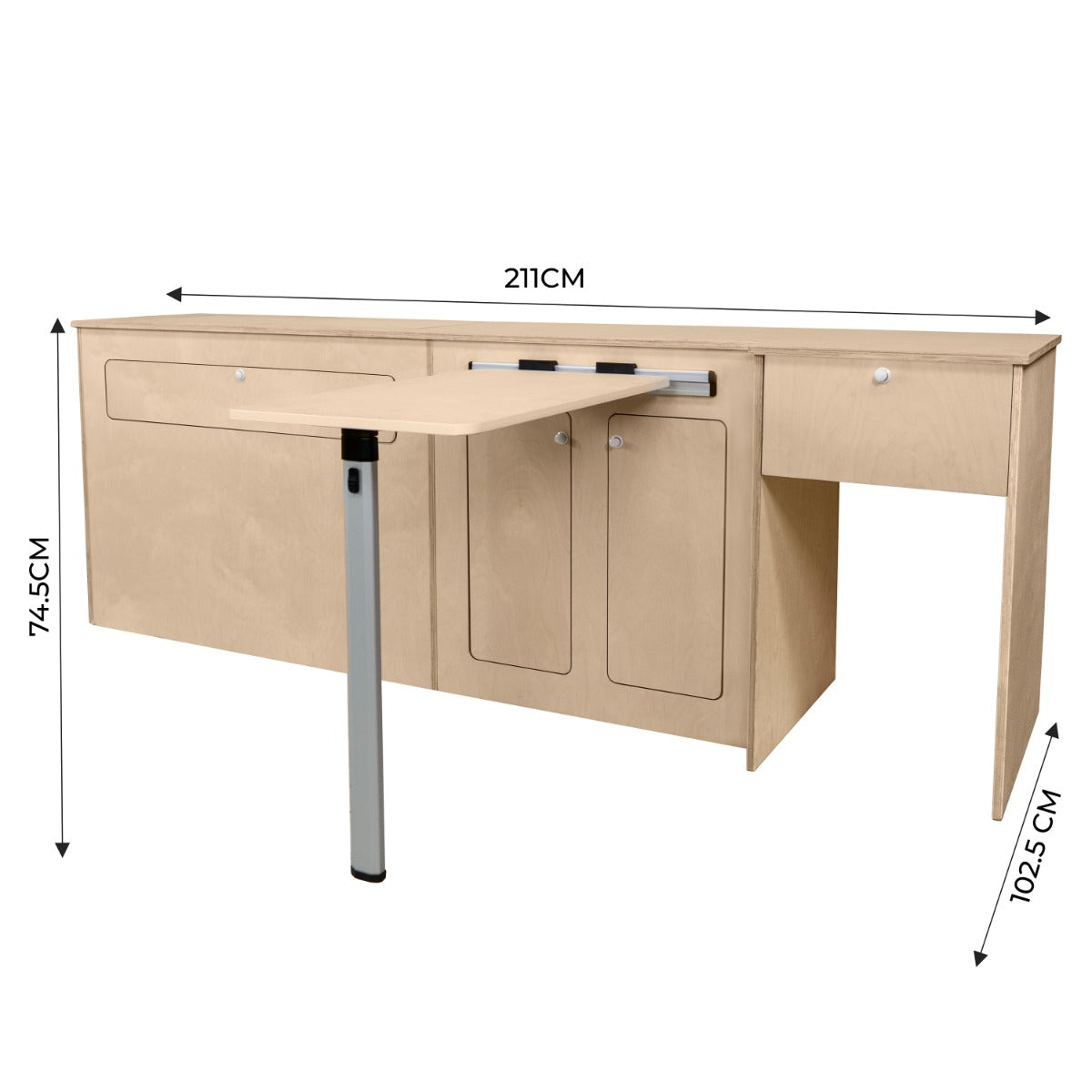 Meuble de cuisine en contreplaqué pour camping-car, avec finition claire, tiroir, portes et table rabattable, dimensions 211x74.5x102.5 cm