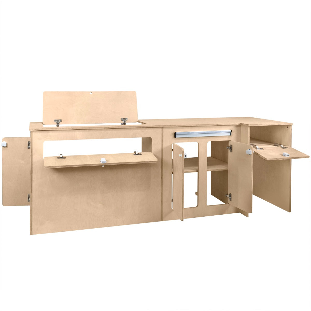 Meuble de cuisine en contreplaqué clair pour camping-car, avec plusieurs tiroirs et espaces de rangement pratiques et fonctionnels