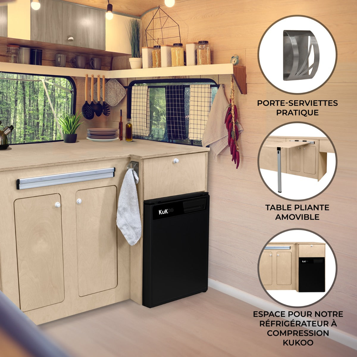 Meuble de cuisine en contreplaqué pour camping-car, avec une table pliante, un porte-serviettes et un réfrigérateur noir intégré