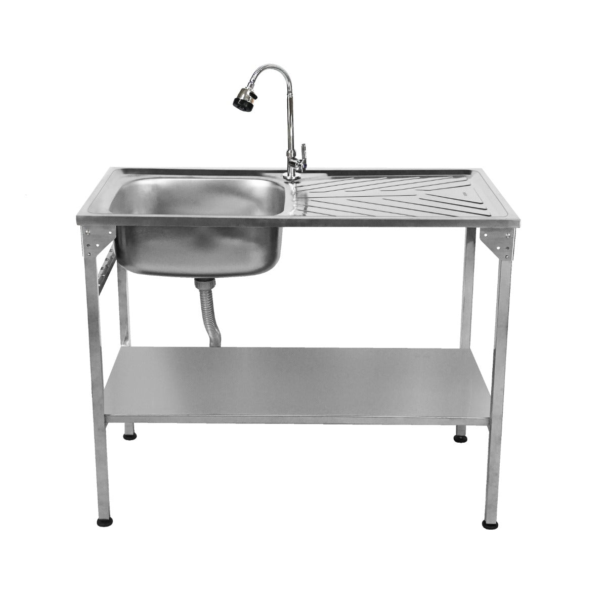 Évier de camping pliable en acier inoxydable, avec un lavabo rectangulaire, un robinet chromé et un plateau de rangement en dessous