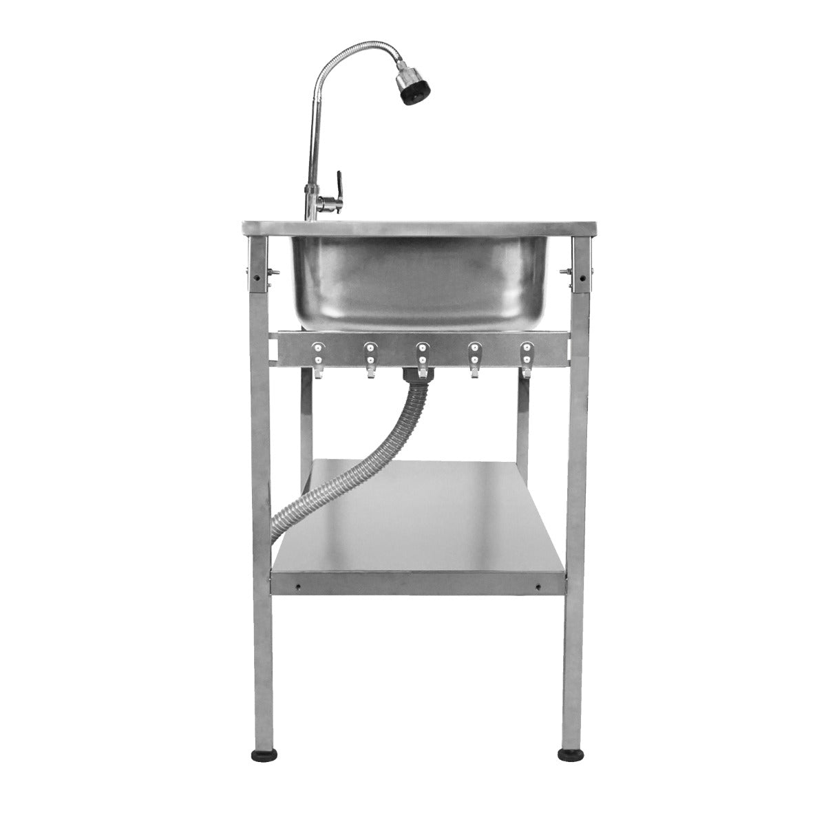 Évier de camping pliable en acier inoxydable, avec un robinet flexible, un plan de travail en métal et un espace de rangement en dessous