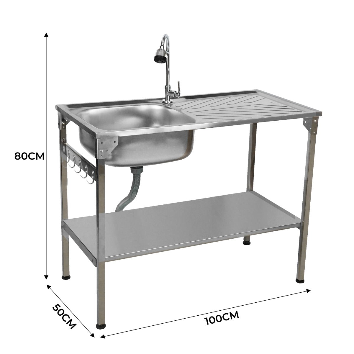 Évier de camping pliable en acier inoxydable, avec un robinet, un grand bac et une étagère inférieure, idéal pour les activités en plein air
