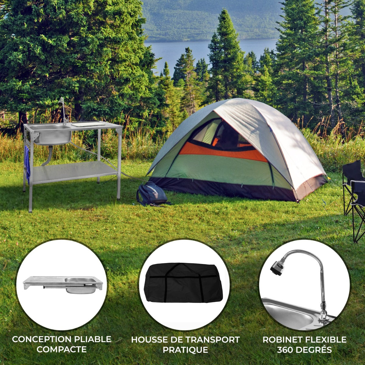 Évier de camping pliable en acier inoxydable, avec robinet flexible à 360 degrés, posé sur un support près d'une tente dans la nature