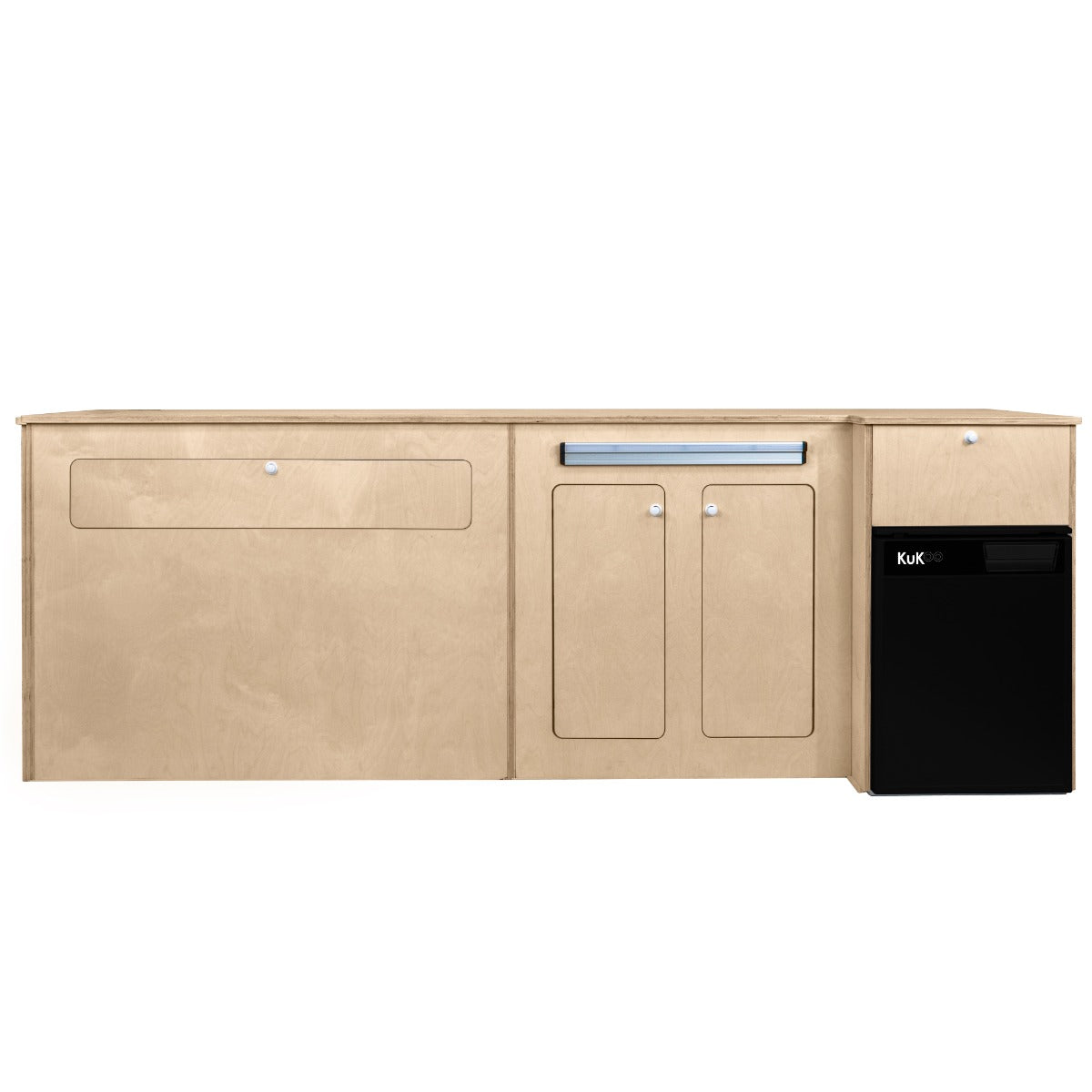 Meuble de cuisine en contreplaqué clair avec tiroir, portes et frigo noir, idéal pour camping-car, design fonctionnel et moderne