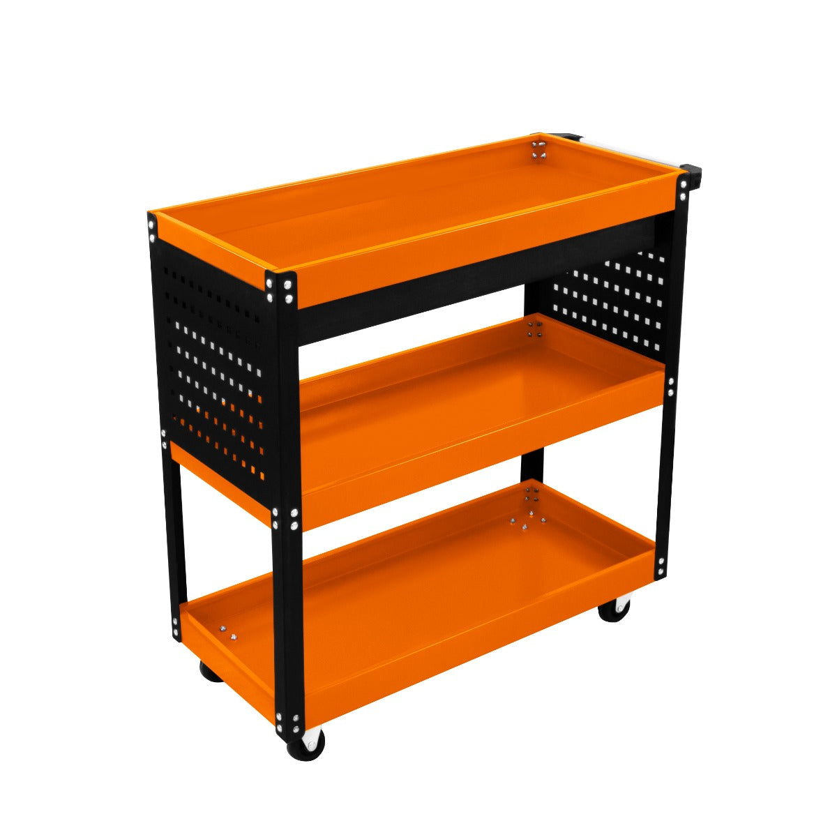 Chariot à outils sur roulettes noir et orange, avec trois étagères en métal perforé, idéal pour le rangement et l'organisation d'outils