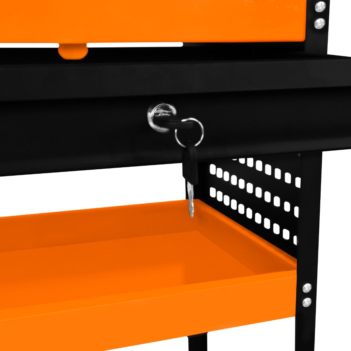 Chariot à outils sur roulettes noir et orange, avec étagères en plastique, clé de verrouillage et finition résistante aux rayures