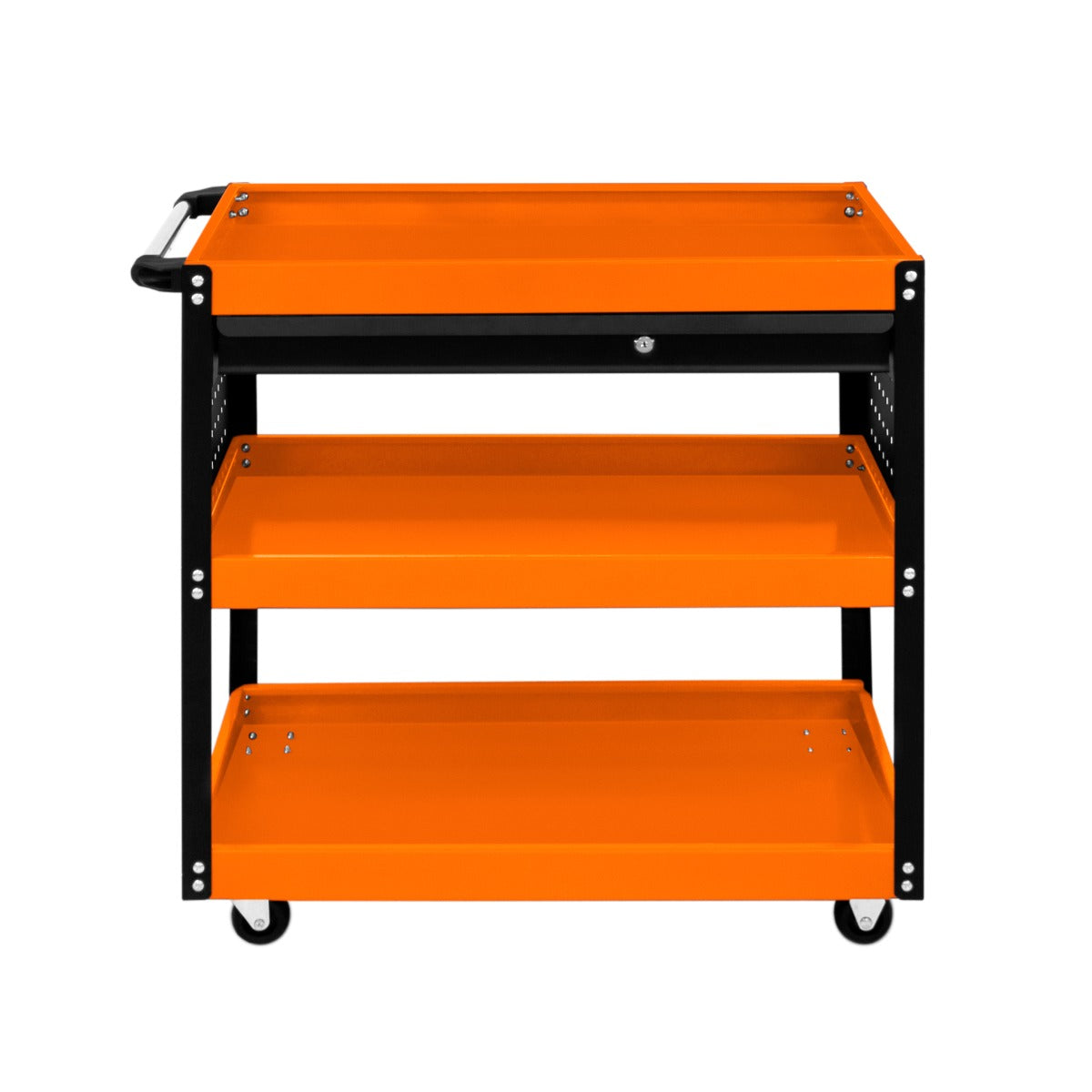 Chariot à outils sur roulettes noir et orange, avec trois étagères ouvertes et un tiroir, idéal pour le rangement et l'organisation