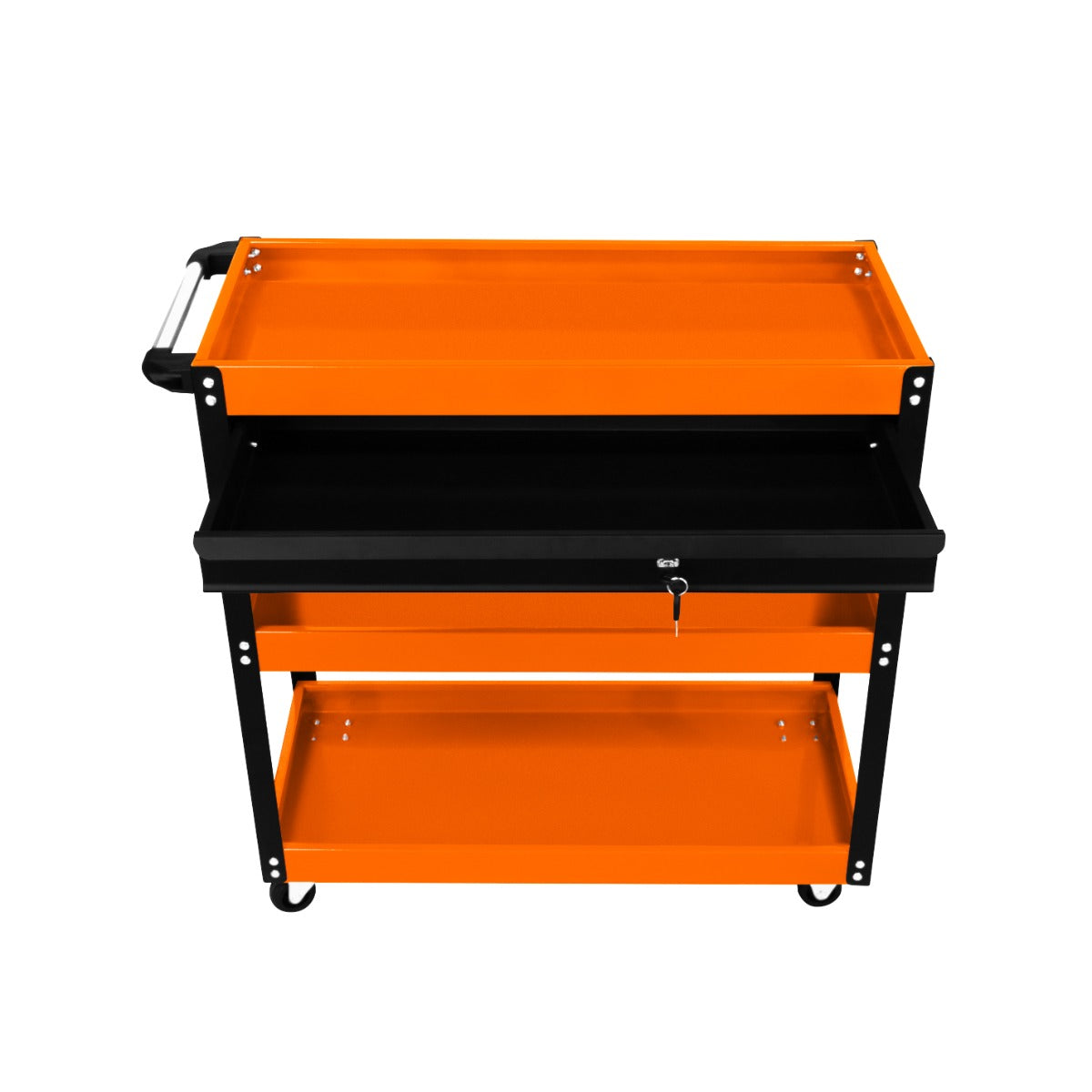 Chariot à outils sur roulettes avec surface orange, tiroir noir, et étagère inférieure, idéal pour le rangement et l'organisation des outils