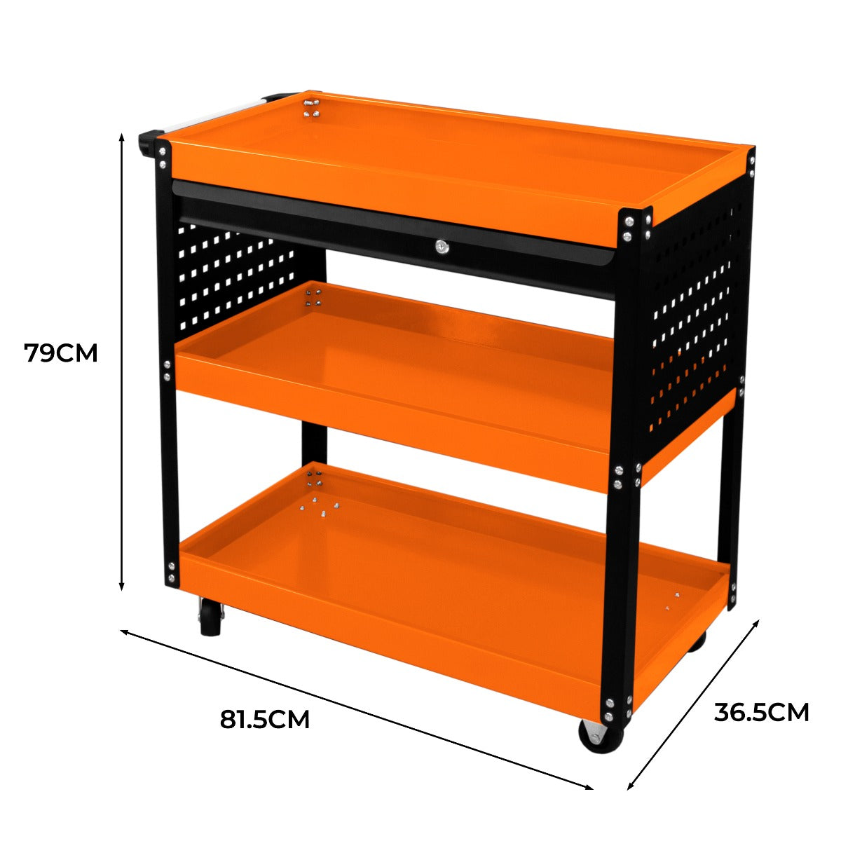 Chariot à outils sur roulettes, noir et orange, avec trois étagères, dimensions 79 cm de haut, 81,5 cm de large, 36,5 cm de profondeur