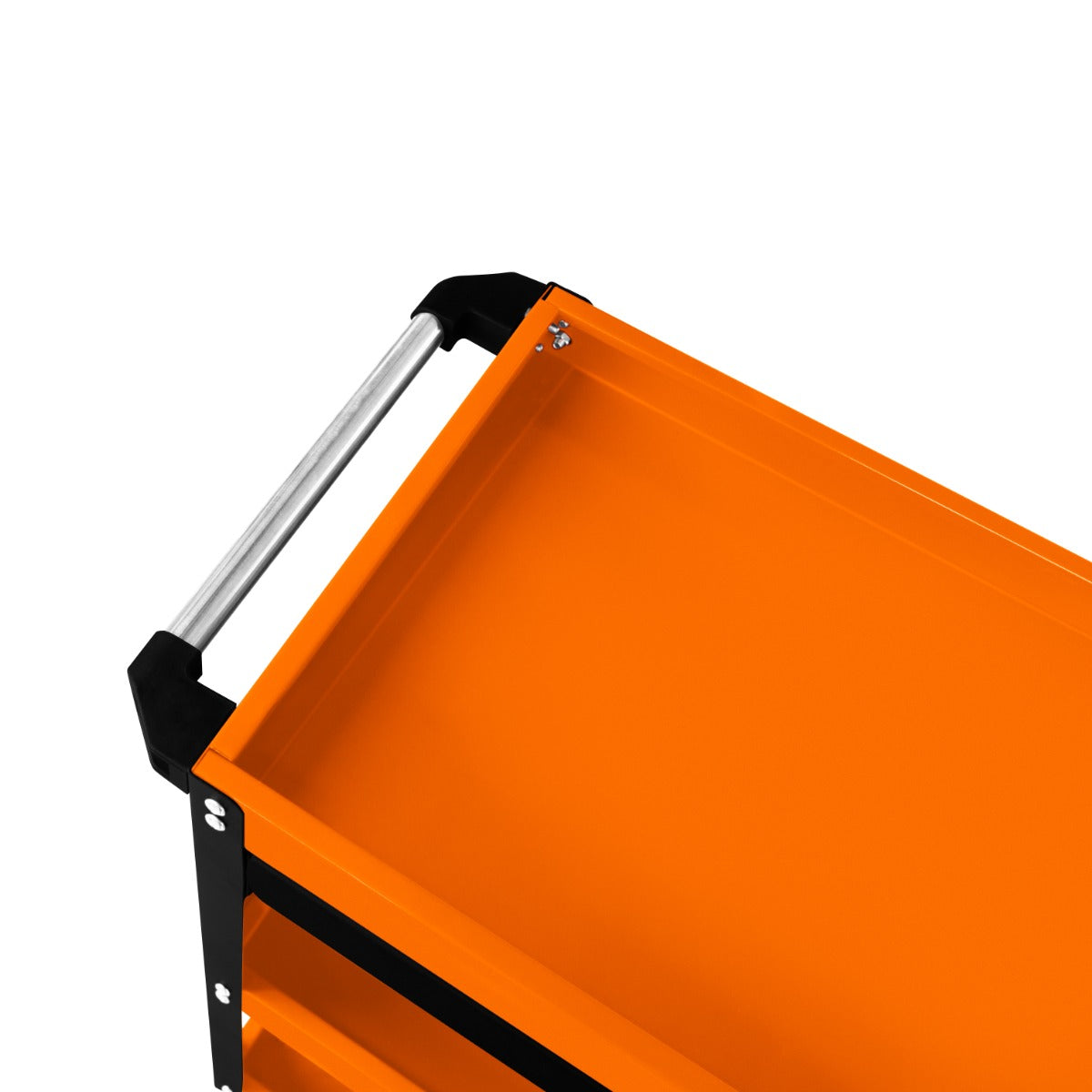 Chariot à outils sur roulettes T-Mech, couleur orange vif avec finition lisse, structure en métal noir et poignées en acier inoxydable