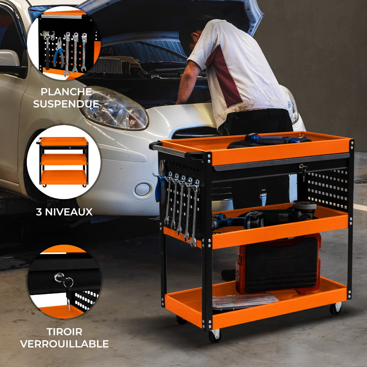 Chariot à outils sur roulettes noir et orange, avec trois niveaux, tiroir verrouillable et planche suspendue pour outils, idéal pour le garage