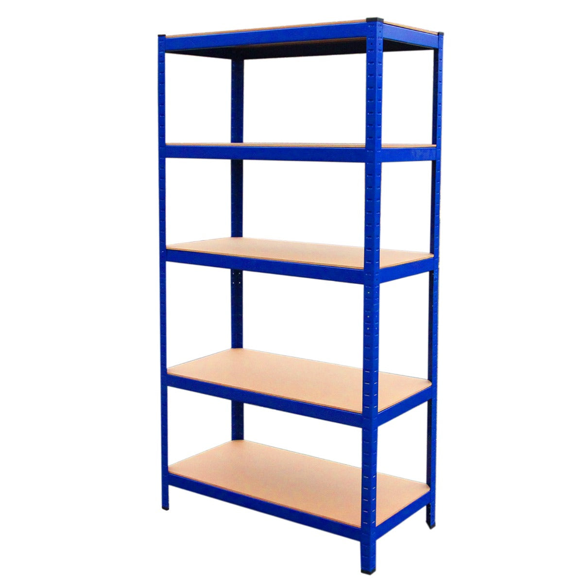 Rayonnage T-Rax en acier bleu, dimensions 90cm x 45cm x 182.5cm, avec quatre étagères en bois clair, design robuste et moderne