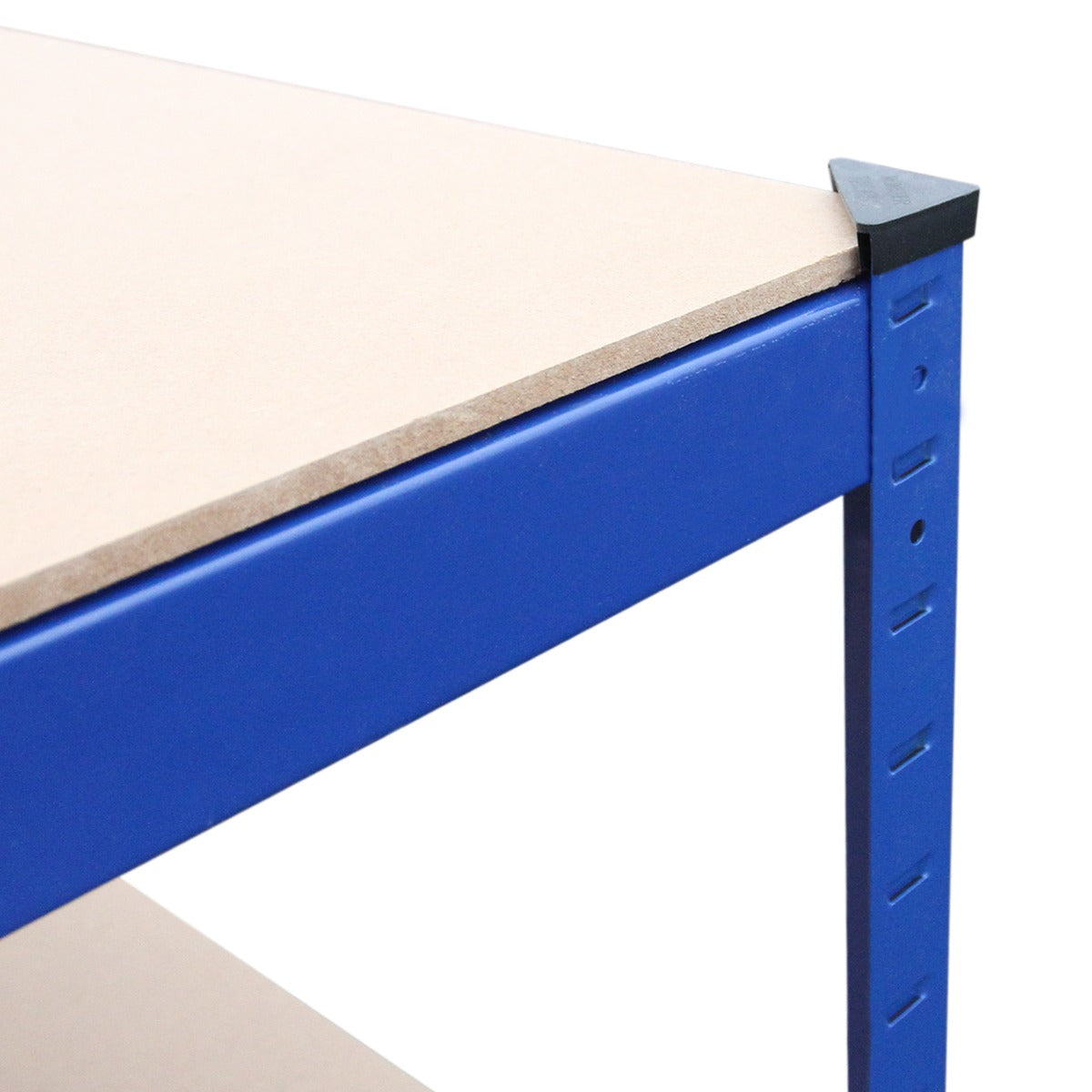 Rayonnage T-Rax en acier bleu avec étagère en bois, dimensions 90cm x 45cm x 182.5cm, robuste et idéal pour le stockage