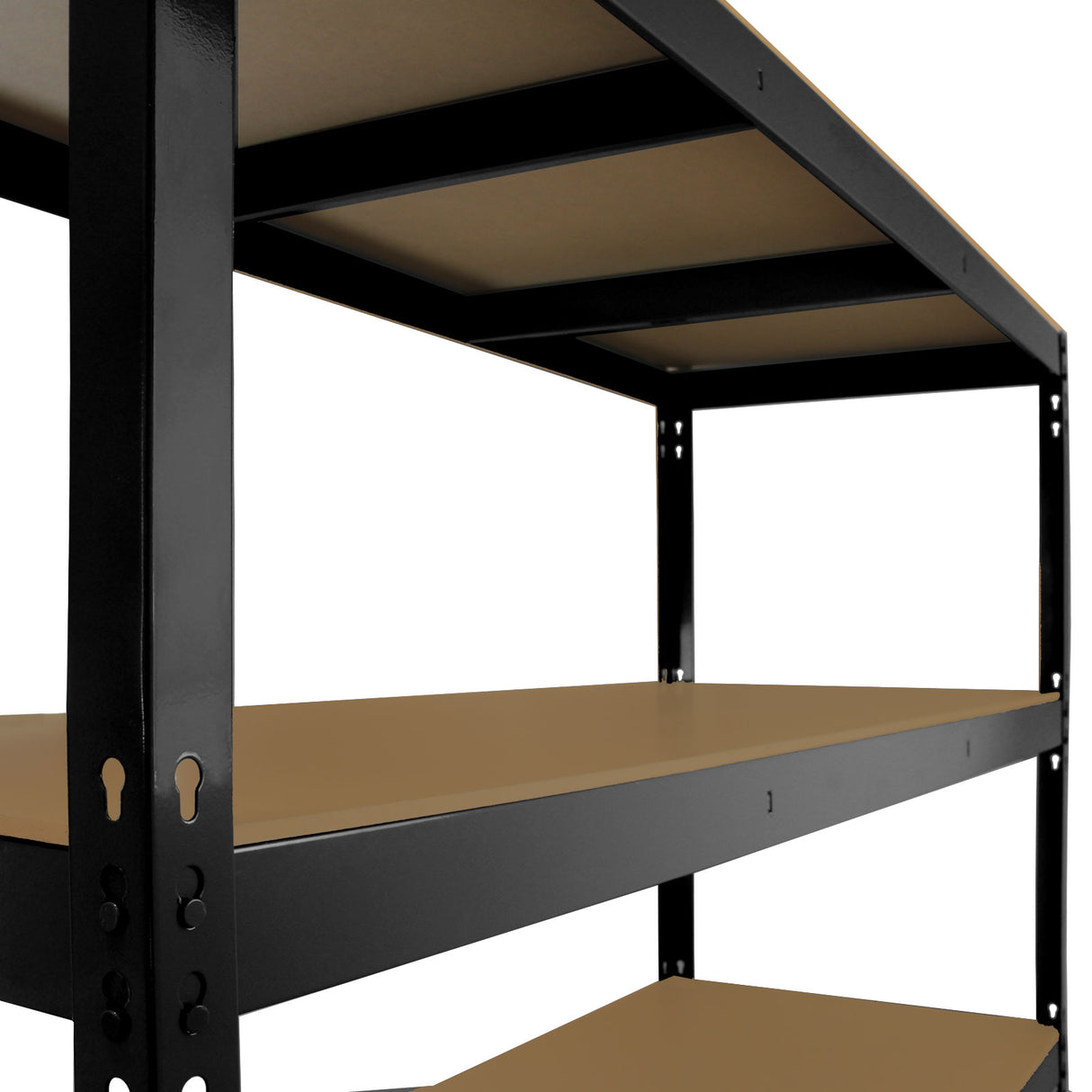 Rayonnage Q-Rax en acier noir avec trois étagères en bois, offrant une structure robuste et moderne pour le rangement efficace