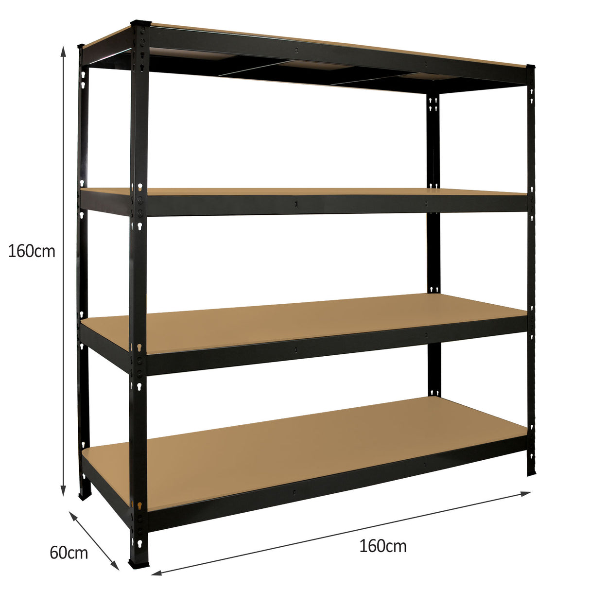 Rayonnage Q-Rax en acier noir, dimensions 160cm x 60cm x 160cm, avec quatre étagères robustes et surfaces lisses beige