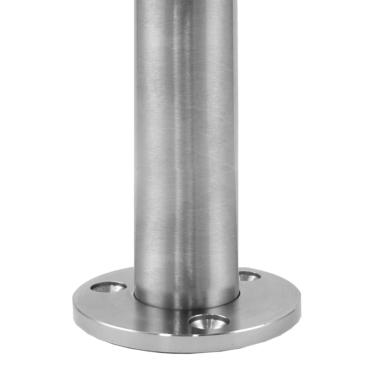 Poteau de garde-corps en acier inoxydable, finition lisse, diamètre de 5 cm, avec base ronde et trois trous de fixation pour une installation sécurisée