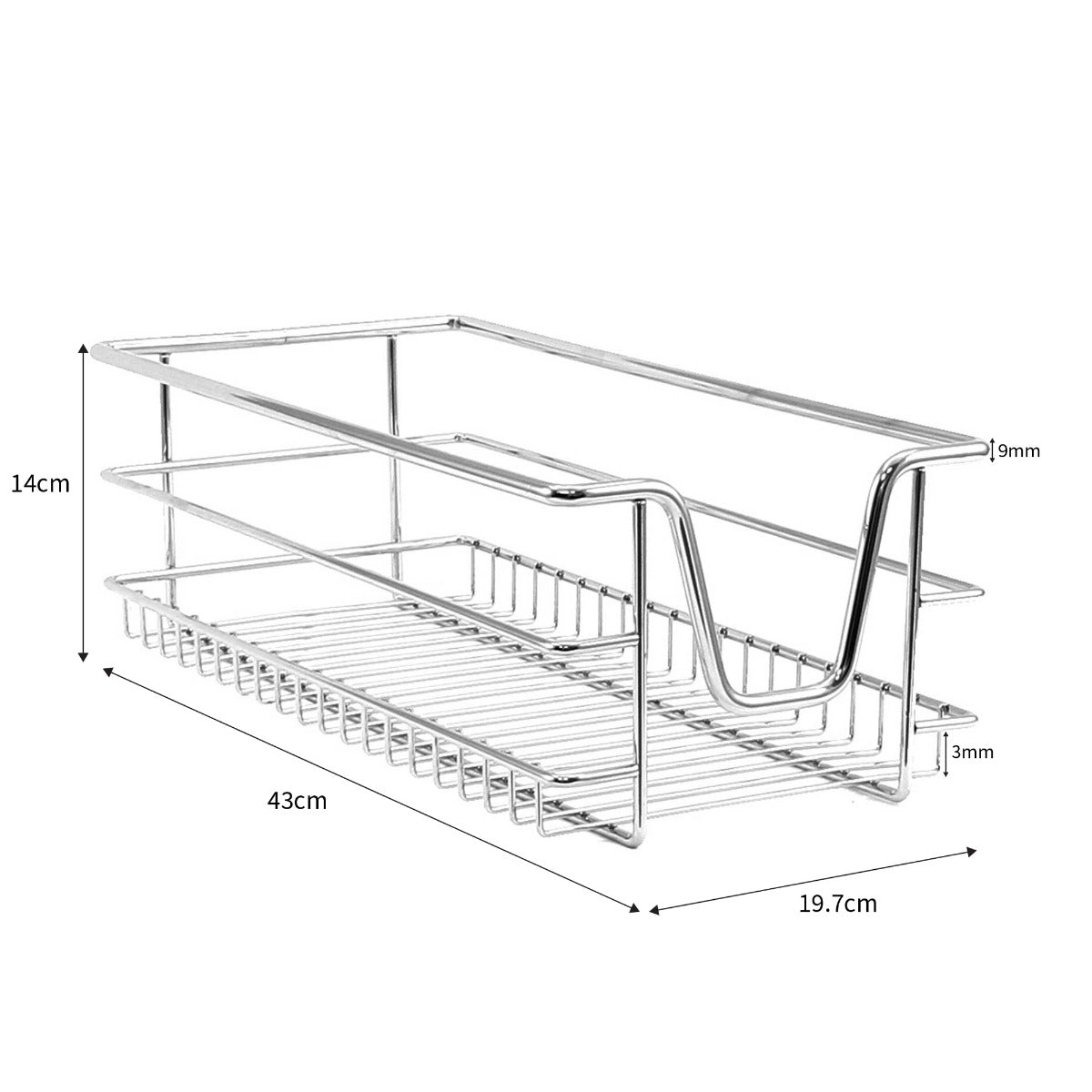 Paniers coulissants en métal chromé, dimensions 43x19,7x14 cm, avec un design ouvert et des bords arrondis pour un rangement pratique