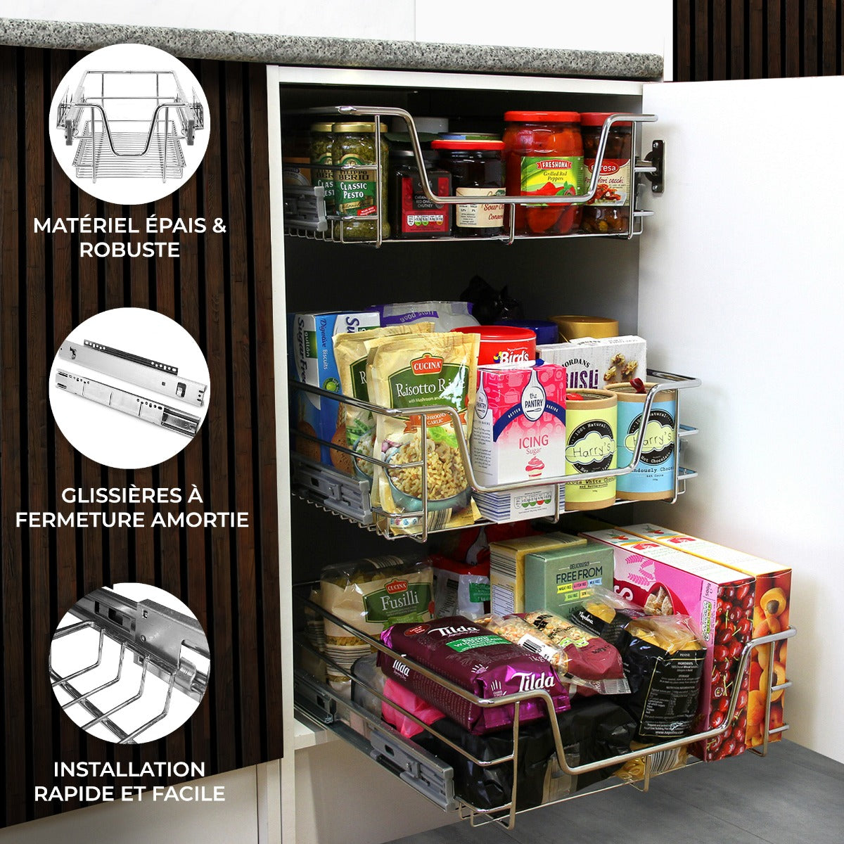 Paniers coulissants en métal robuste, organisant des aliments dans un placard de cuisine, avec glissières à fermeture amortie et installation facile