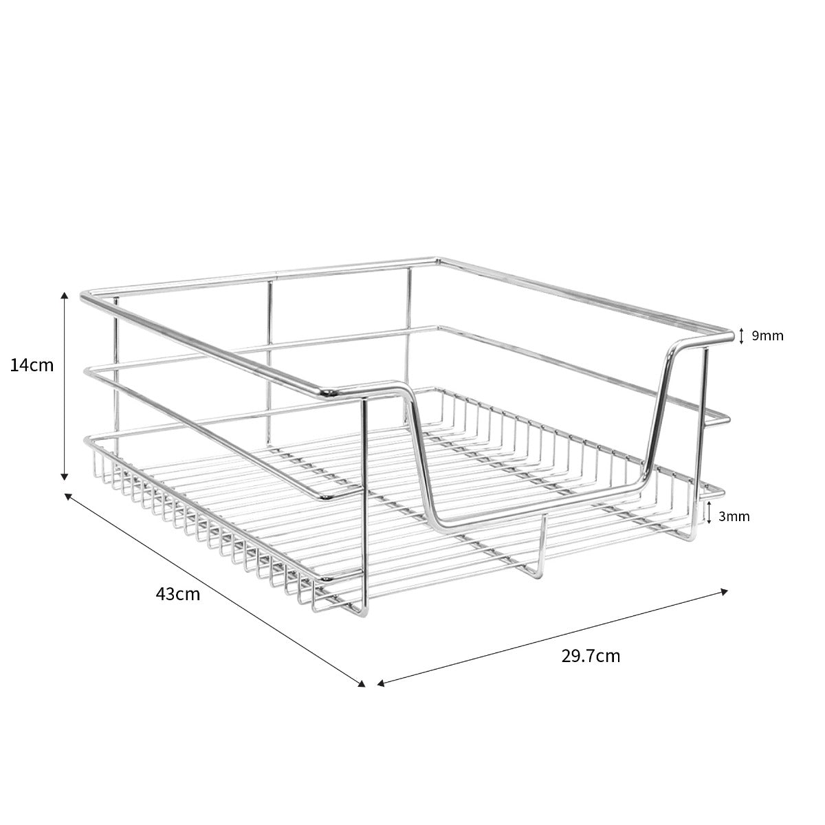 Paniers coulissants en métal chromé, dimensions 43x29,7x14 cm, avec un design ouvert et des bords arrondis pour un accès facile