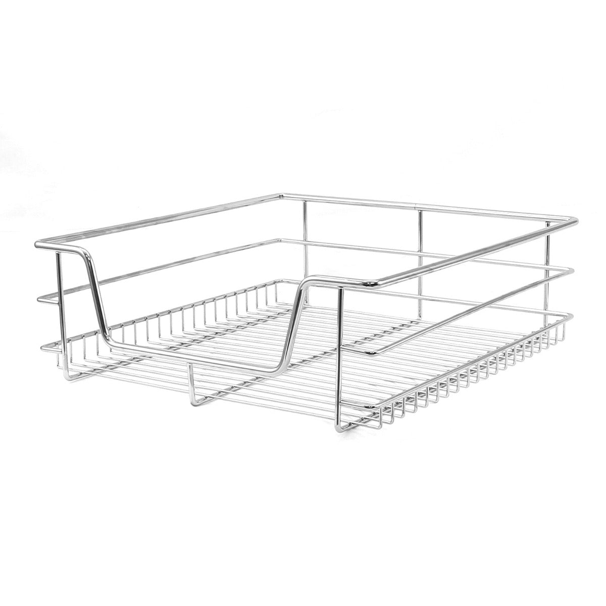 Paniers coulissants en métal chromé, de forme rectangulaire, avec des bords renforcés et un design aéré pour un rangement optimal en cuisine