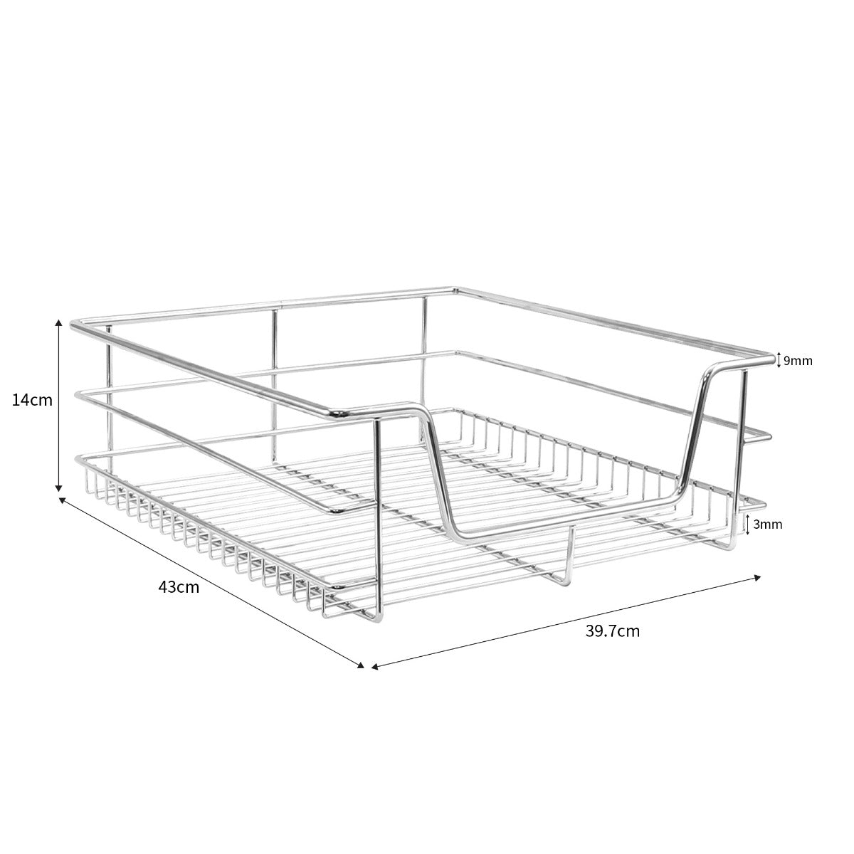 Paniers coulissants en métal chromé, dimensions 50 cm, avec une finition lisse et des bords arrondis pour un rangement pratique en cuisine