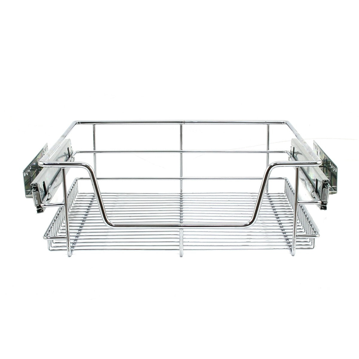 Paniers coulissants en métal chromé, design ouvert, parfaits pour organiser les placards de cuisine, dimensions 50 cm