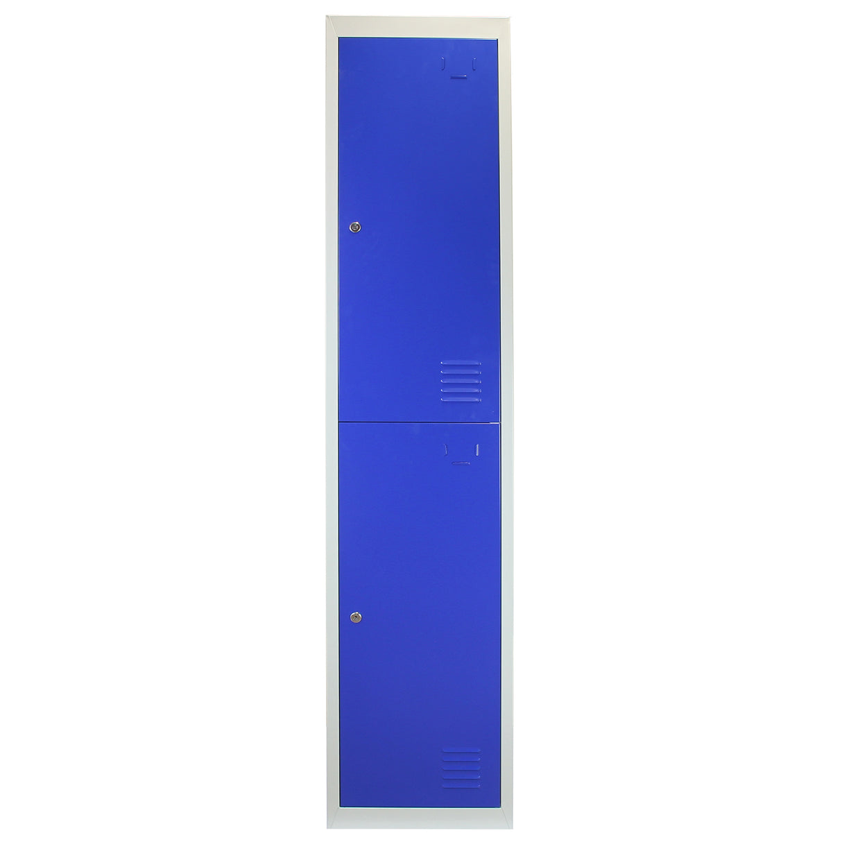Casiers de rangement en acier bleu, deux portes, finition lisse, design moderne, idéal pour organiser espaces de travail ou vestiaires