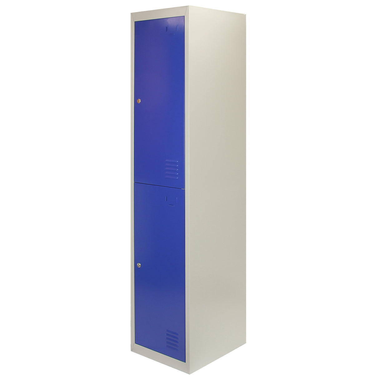 Casiers de rangement en acier avec deux portes, finition bleu vif et structure grise, parfaits pour organiser vos espaces de travail
