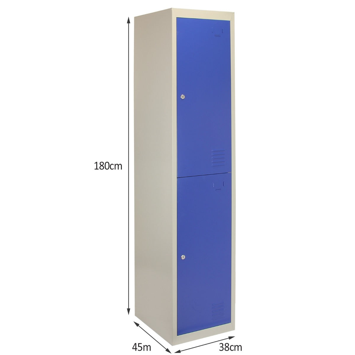 Casiers de rangement en acier bleu, deux portes, dimensions 180 cm de hauteur, 45 cm de largeur et 38 cm de profondeur, finition lisse