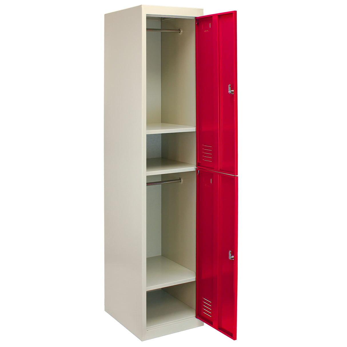 Casier de rangement en acier rouge avec deux portes, intérieur spacieux et étagères, finition lisse et robuste, idéal pour le stockage