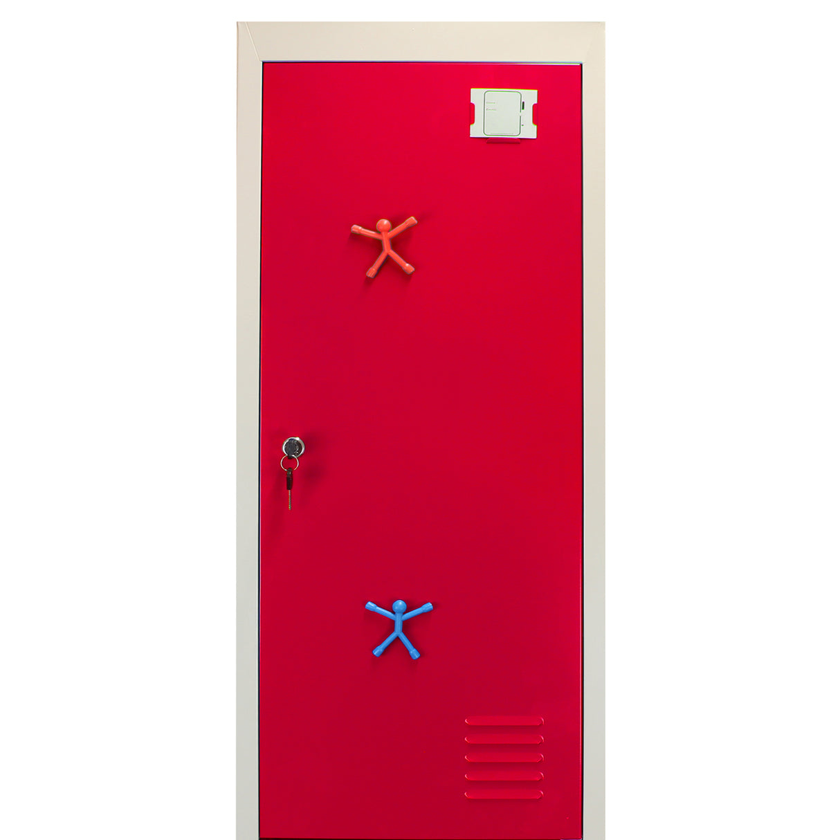 Casier de rangement en acier rouge vif avec deux portes, décoré de poignées en forme de bonhommes en plastique orange et bleu