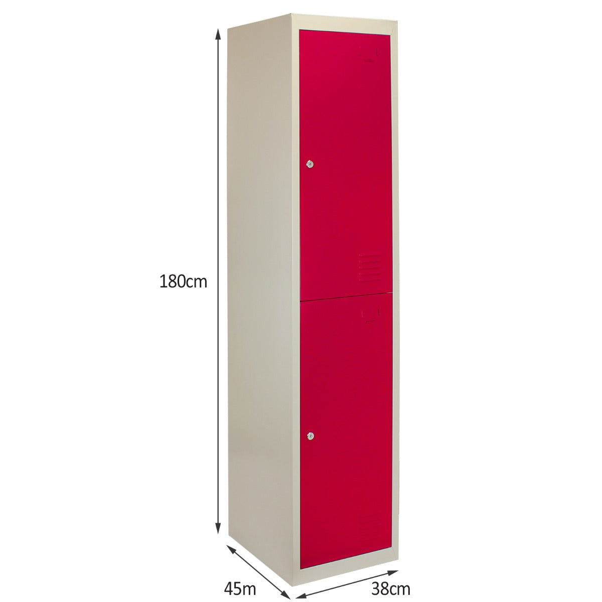 Casier de rangement en acier rouge avec deux portes, finition lisse, dimensions 180 cm de hauteur, 45 cm de largeur et 38 cm de profondeur